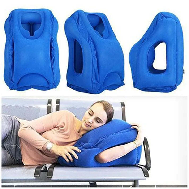 blue- inflatable travel cushion- front angle- side angle- woman asleep- laying down