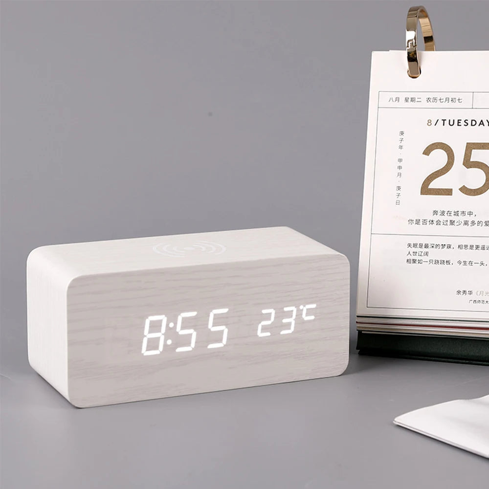white-3 in 1 wooden desk clock- front angle-time-thermostat