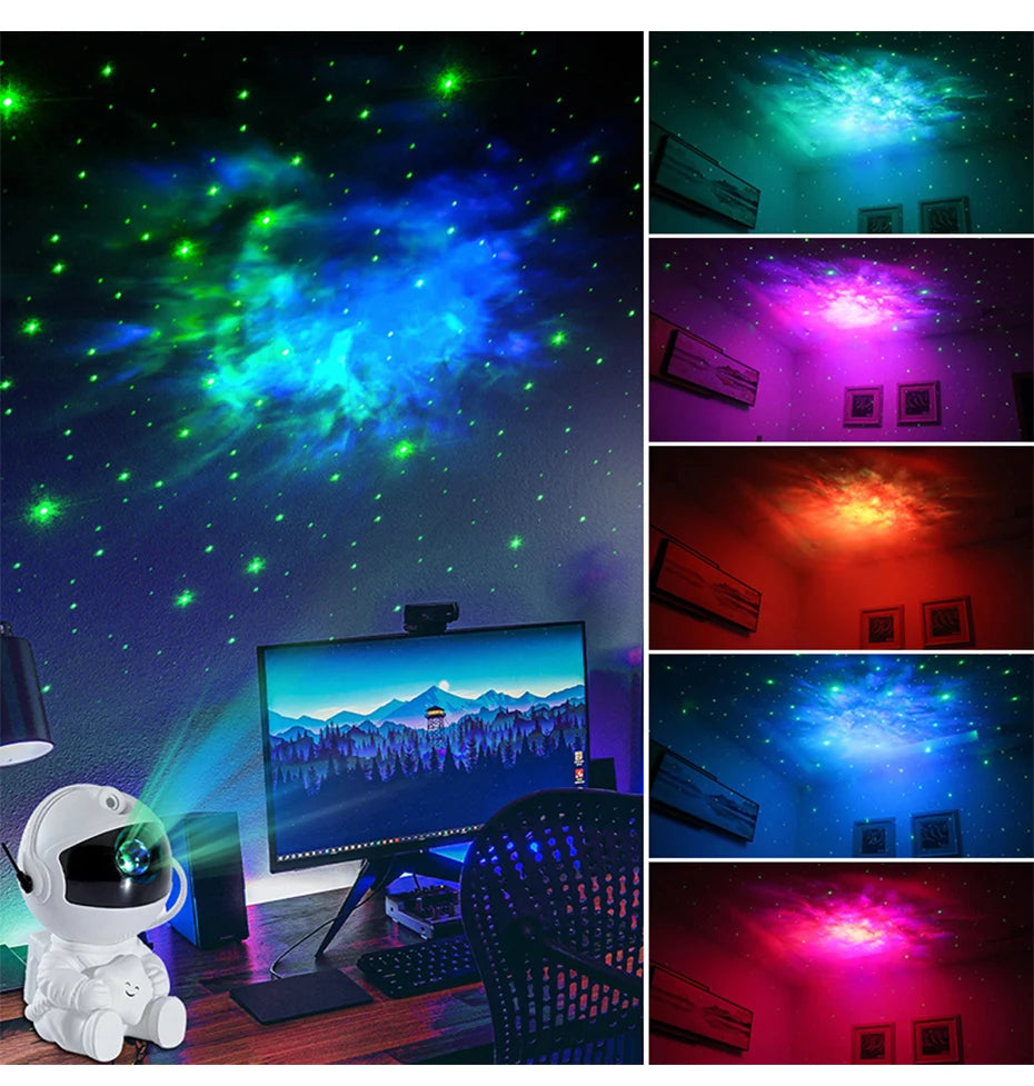 6 images- blue red purple green pink- white astronaut- office- roof galaxy