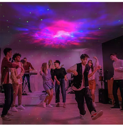 people dancing- galaxy roof- party- purple- starry- fun