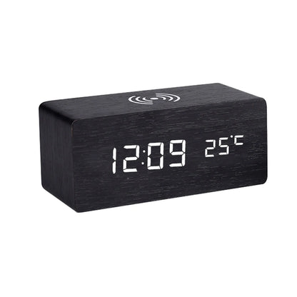 black-3 in 1 wooden desk clock- time- thermostat- charge phone- front angle