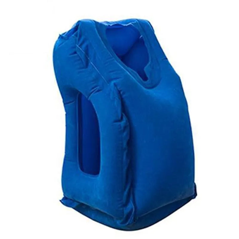 blue- inflatable travel cushion- front to side angle