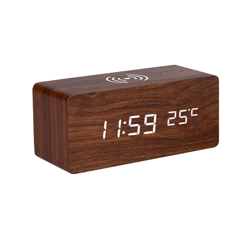 dark brown-3 in 1 desk clock-charge phone-time-thermostat-alarm-front angle