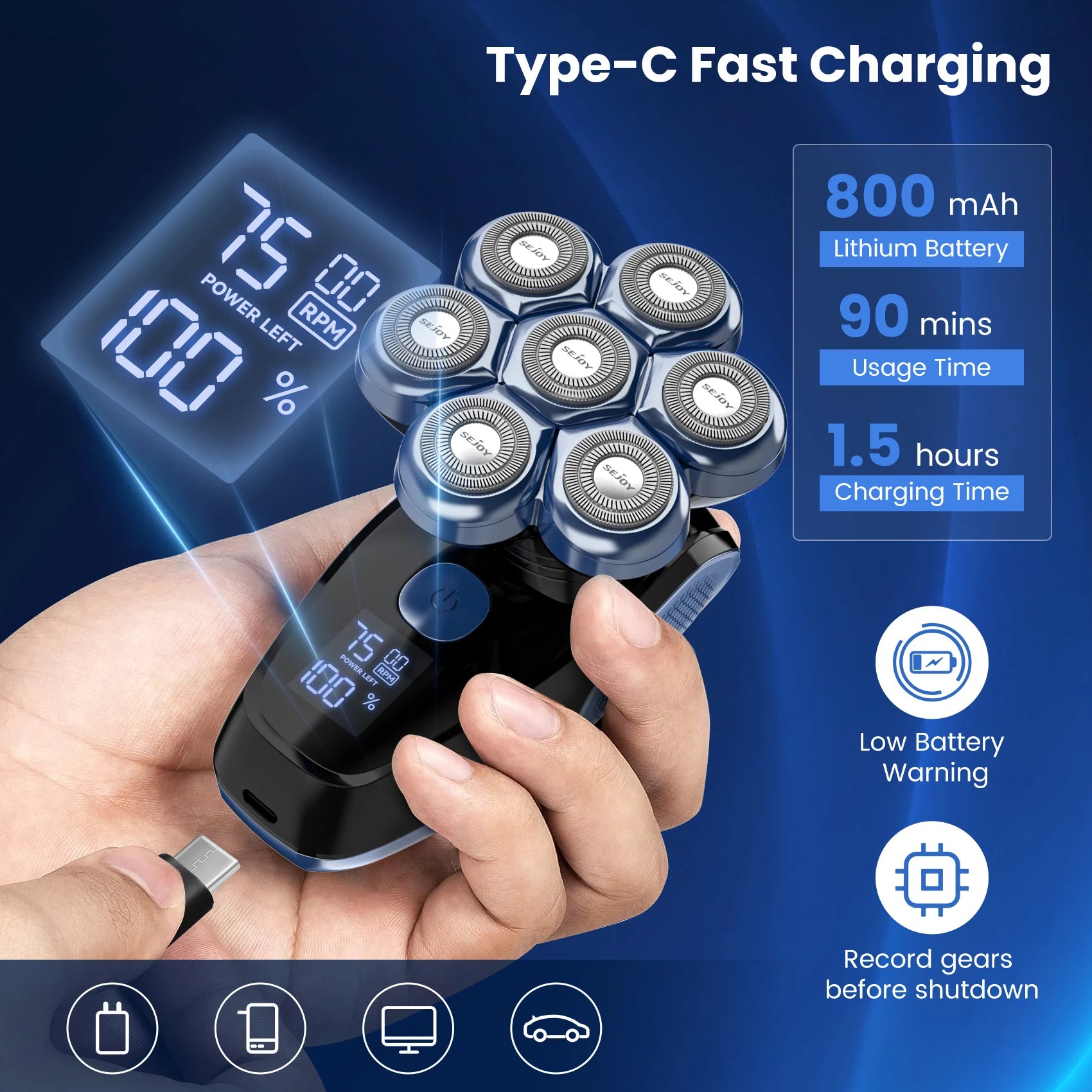 front side-fast charging battery-blue-usage time-low battery warning