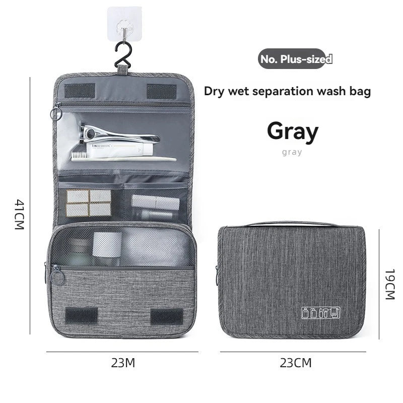 grey- hanging toiletry bag-size measurements- unfolded- folded- pockets- two wash bags