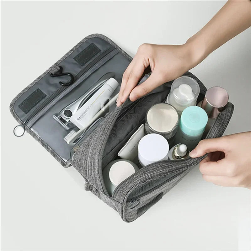 grey-open- toiletry bag- above angle- large capacity