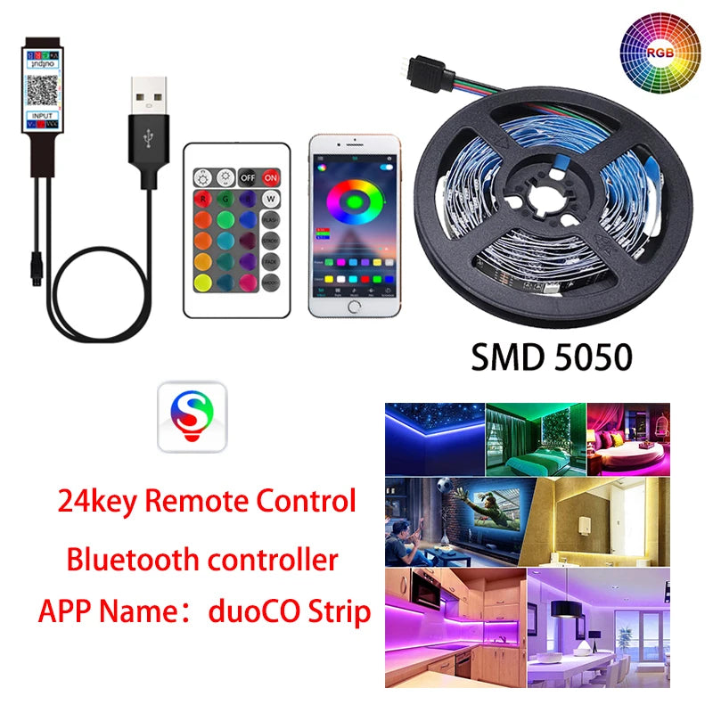 green yellow pink red blue purple light- 24 key remote- tv led strip- bluetooth-phone app-usb