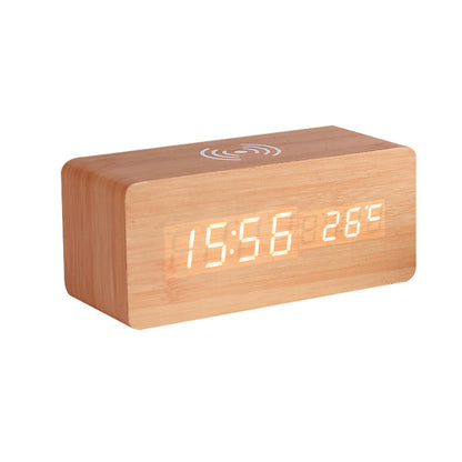 light brown- 3 in 1 wooden desk clock- time- thermostat- charge phone-front angle