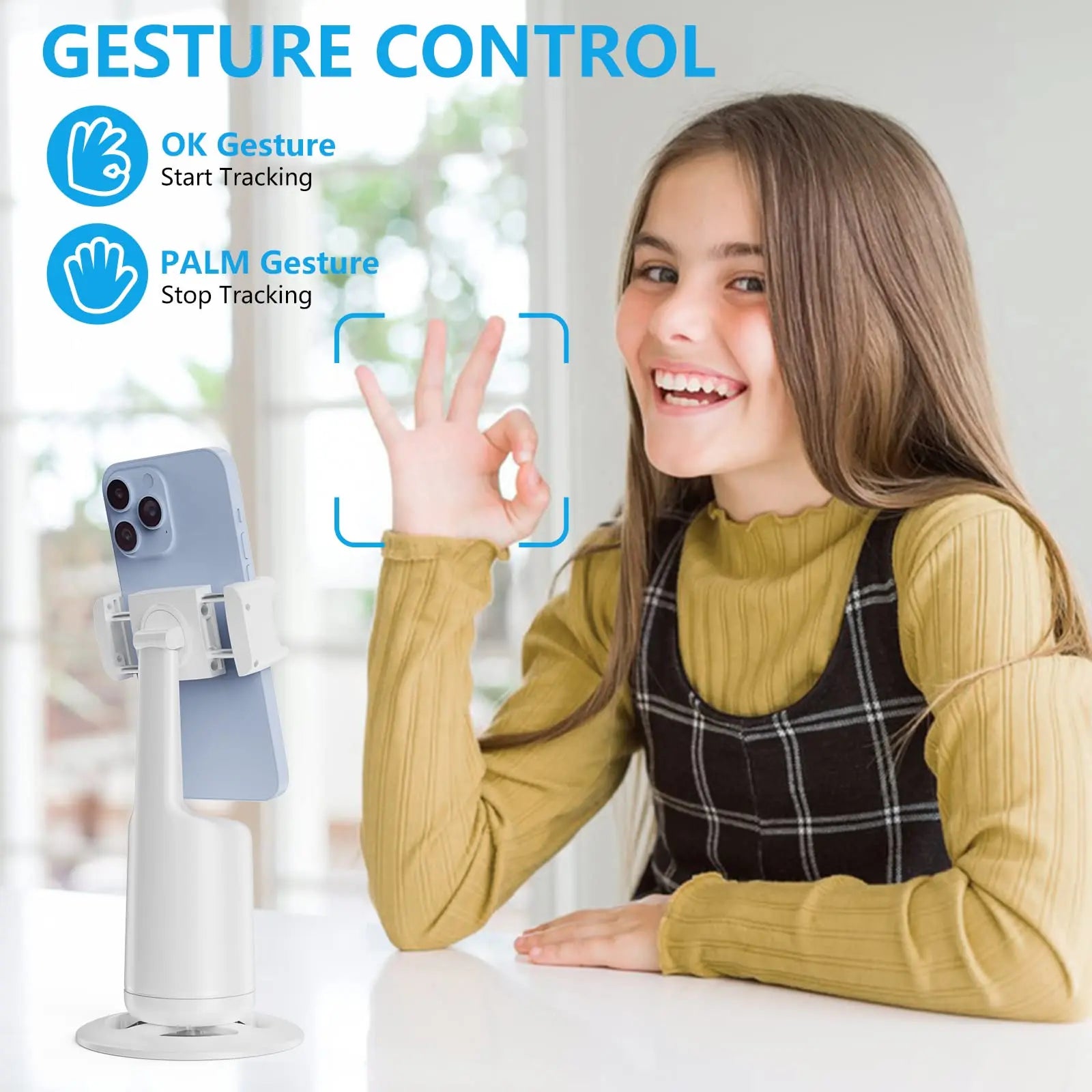 white-Ai selfie stick-gesture control-child-smile-horizontal phone