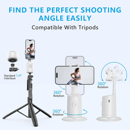 white-360 rotation- Ai selfie stick- horizontal phone-vertical phone- standard interfacer- tripod- front angle- side angle