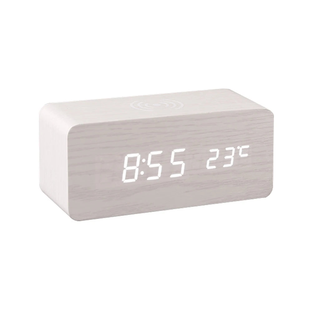 white-3 in 1 desk clock- charge phone-time-alarm-thermostat-front angle