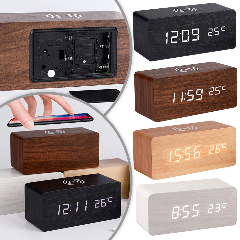 black light brown dark brown white- wooden 3 in 1 desk clock- front and back angle- charge phone- time- alarm- batteries